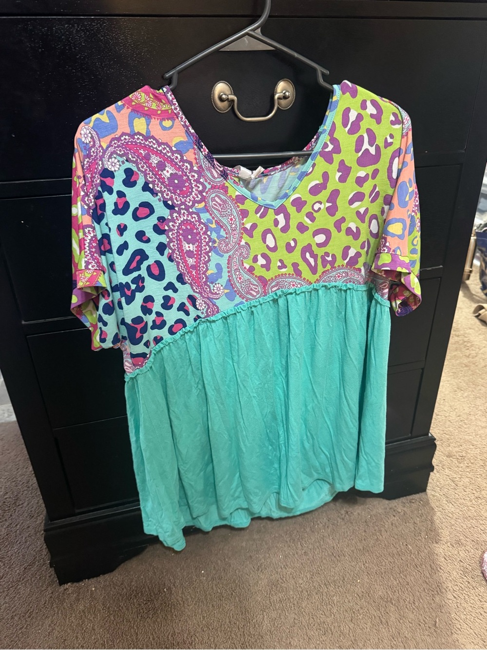 Vibrant Patchwork V-Neck Women's Top in Teal & Multi